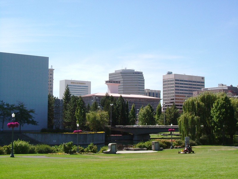 A Park in Spokane with View of the Skyline and Buildings