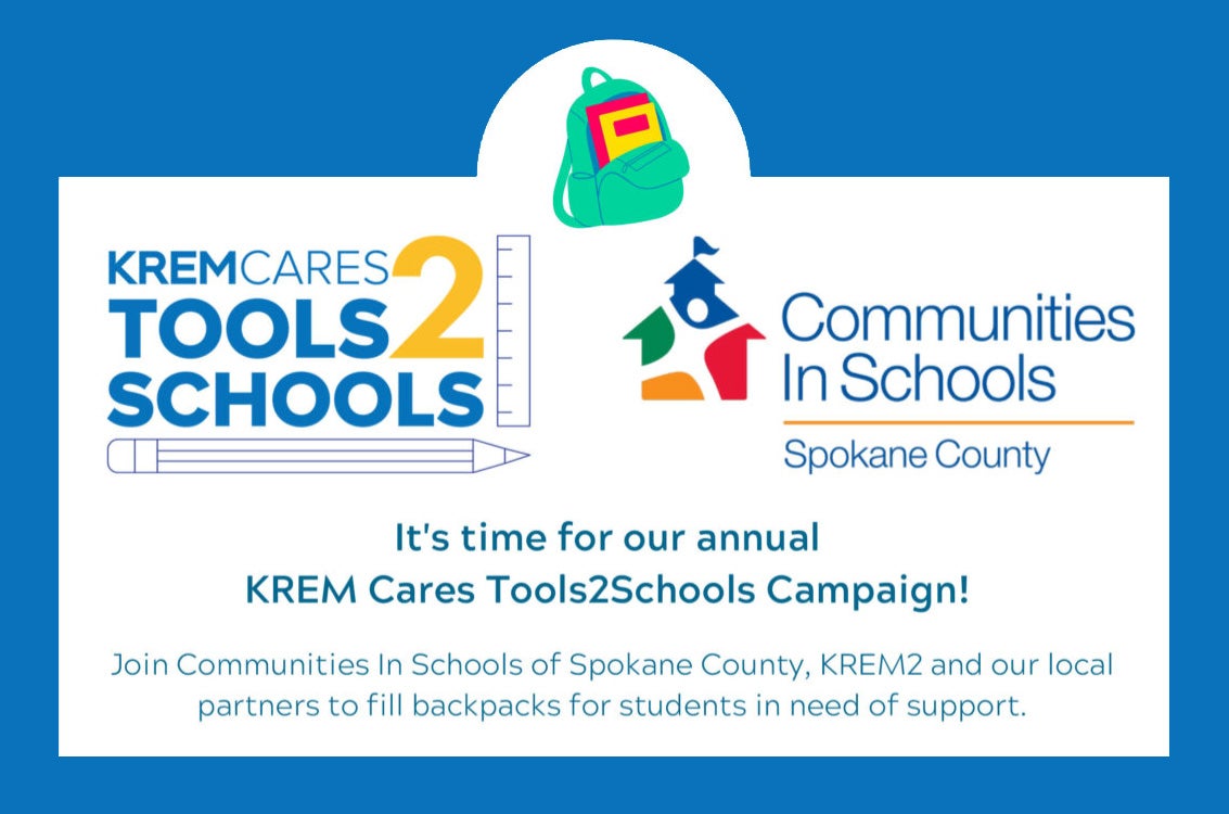 An announcement to donate to the Tools2School program with a backpack, pencil and ruler